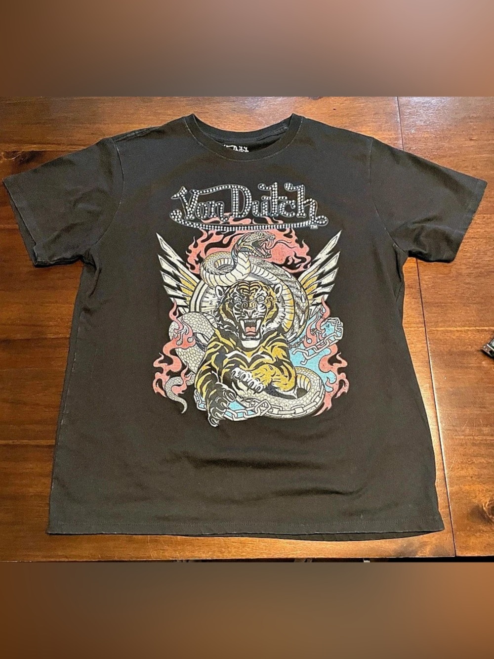 Von Dutch Men's Black Tiger Snake Graphic Logo Crew Neck T-Shirt Size L